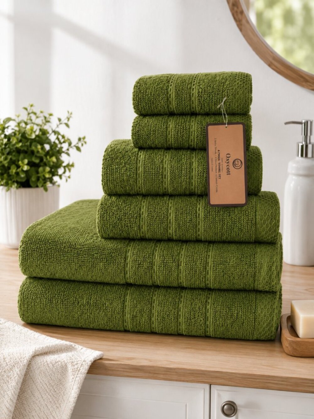 Oxycott 6 Piece Cotton Towel Set Olive Green Bath Towels Hand Towels NWT